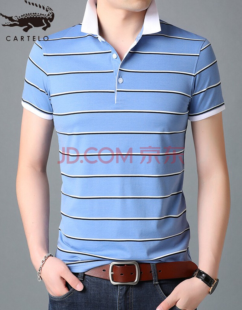卡帝乐鳄鱼(cartelo)2020年夏装新款翻领条纹短袖t恤男商务休闲带领中