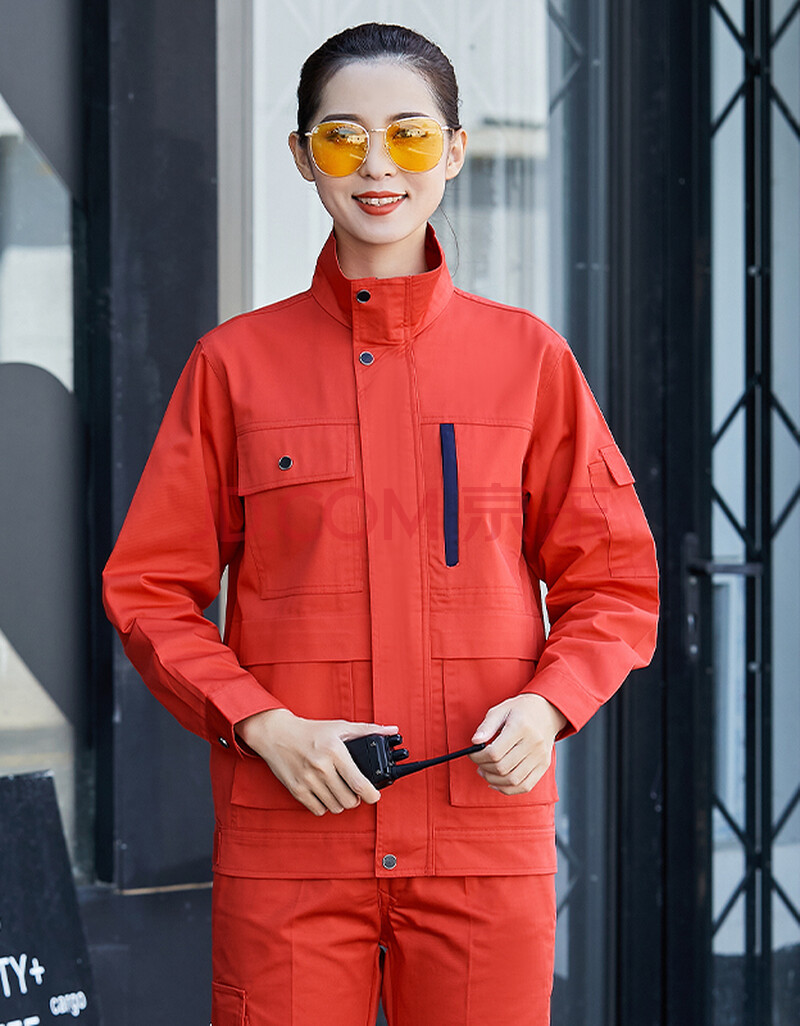 口袋耐磨春秋长袖反光条工作服定制建筑工地环卫劳保服工装 红色套装