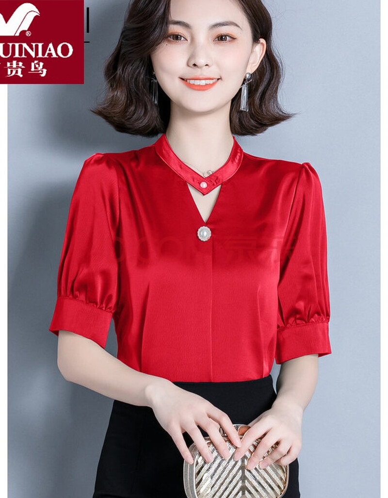 品牌桑蚕丝t恤女短袖真丝上衣女装夏装新款女式半袖缎面洋气小衫 红色