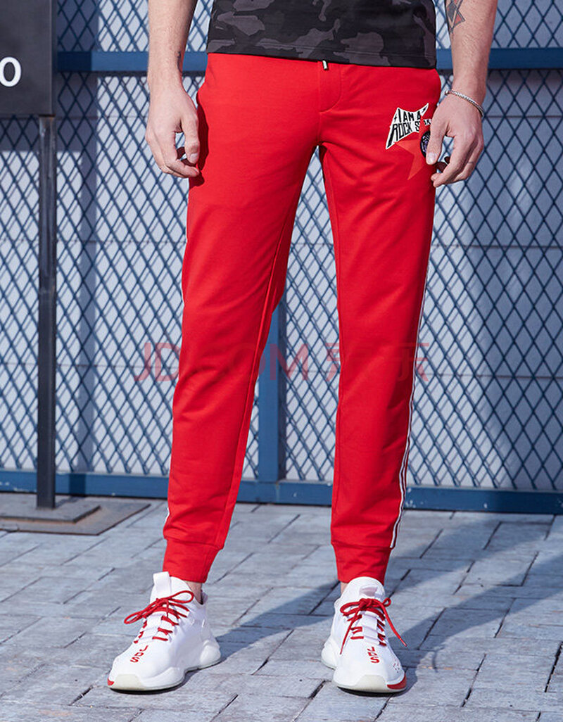 jedoss/爵迪斯春夏新款男士运动潮红色时尚休闲裤束脚裤刺绣 红色 54
