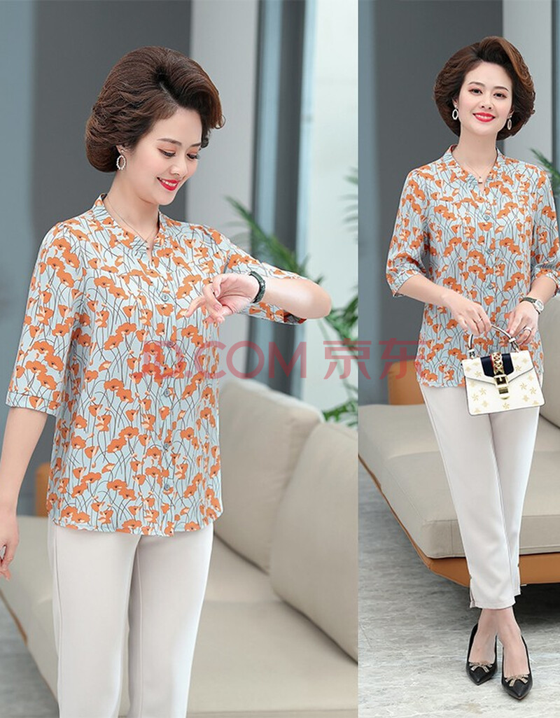 古莱登中老年女装夏装短袖t恤大码宽松40-50岁妈妈春夏秋中袖打底衫女