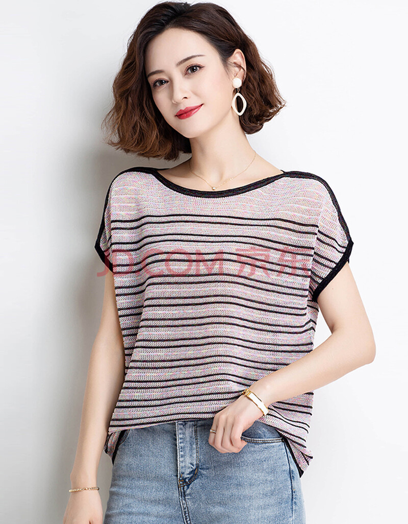 倾依色条纹短袖t恤女装薄款夏装2021年新款冰丝针织洋气小衫时尚上衣