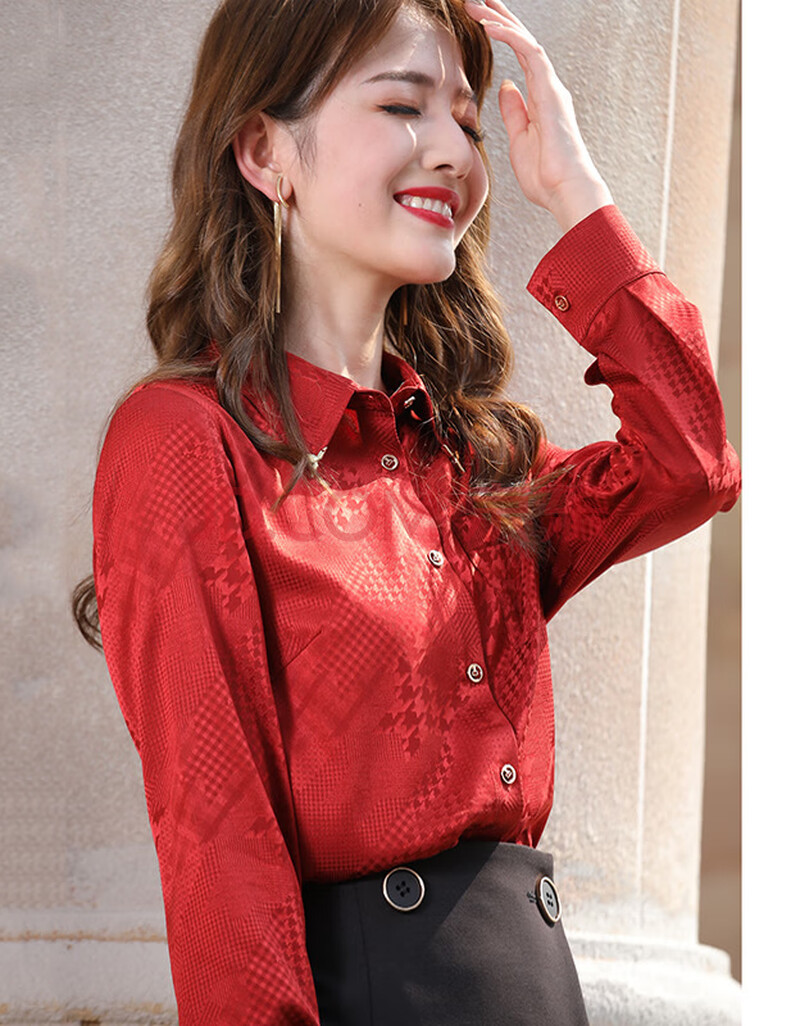 玺优莱 真丝衬衫女春季新款修身显瘦优雅洋气提花桑蚕丝上衣 酒红色 s
