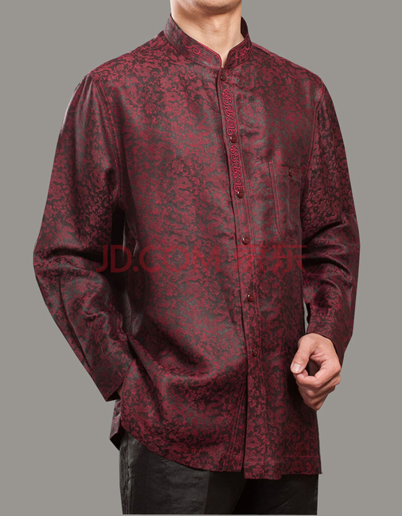 百福龙香云纱中式立领衬衫 真丝男唐装长袖衬衣 百福龙中年秋装上衣