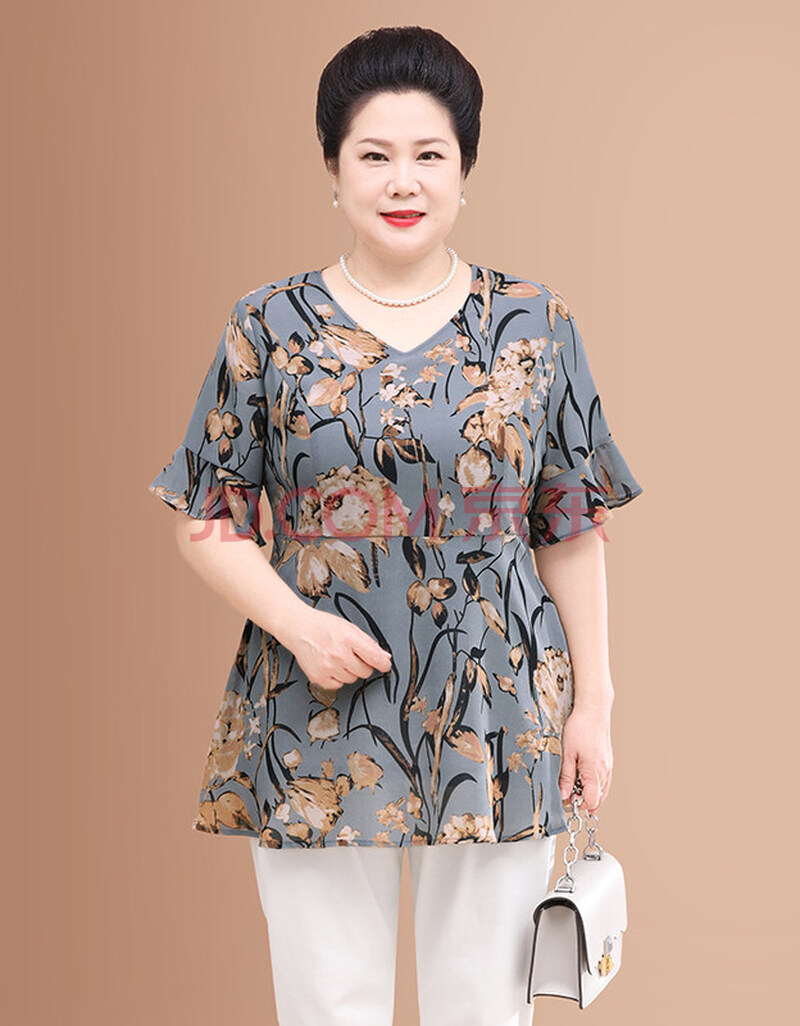 200斤特大码女中老年服装夏季女装大码短袖上衣胖妈妈装雪纺衫 【上衣