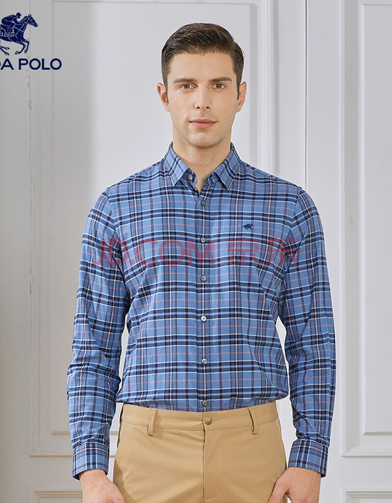 londa polo伦德保罗长袖衬衫男格子休闲全棉衬衣2021年秋季新款 蓝格