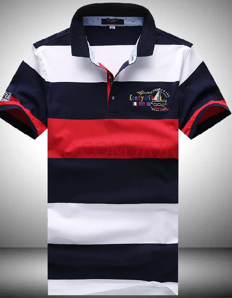 意大利鲨鱼男装短袖t恤丝光棉翻领商务衫条纹男士夏装半袖网红 红色