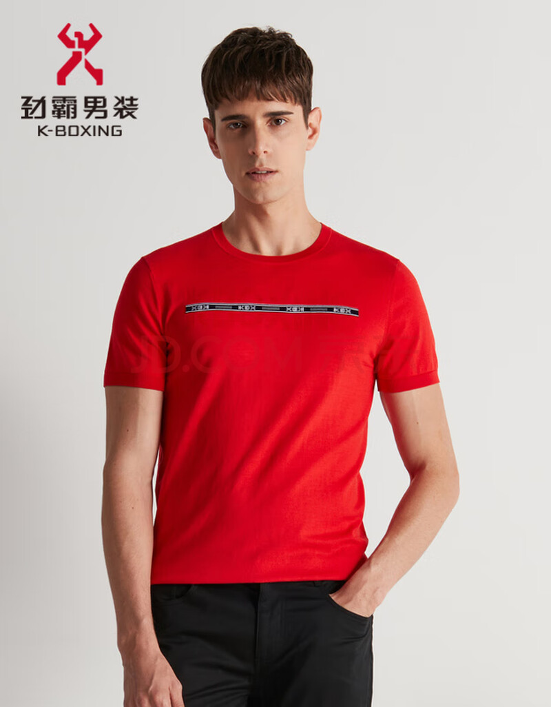 桑蚕丝】劲霸男士夏季时尚圆领柔滑短袖真丝t恤男潮流fttd1580 亮红色