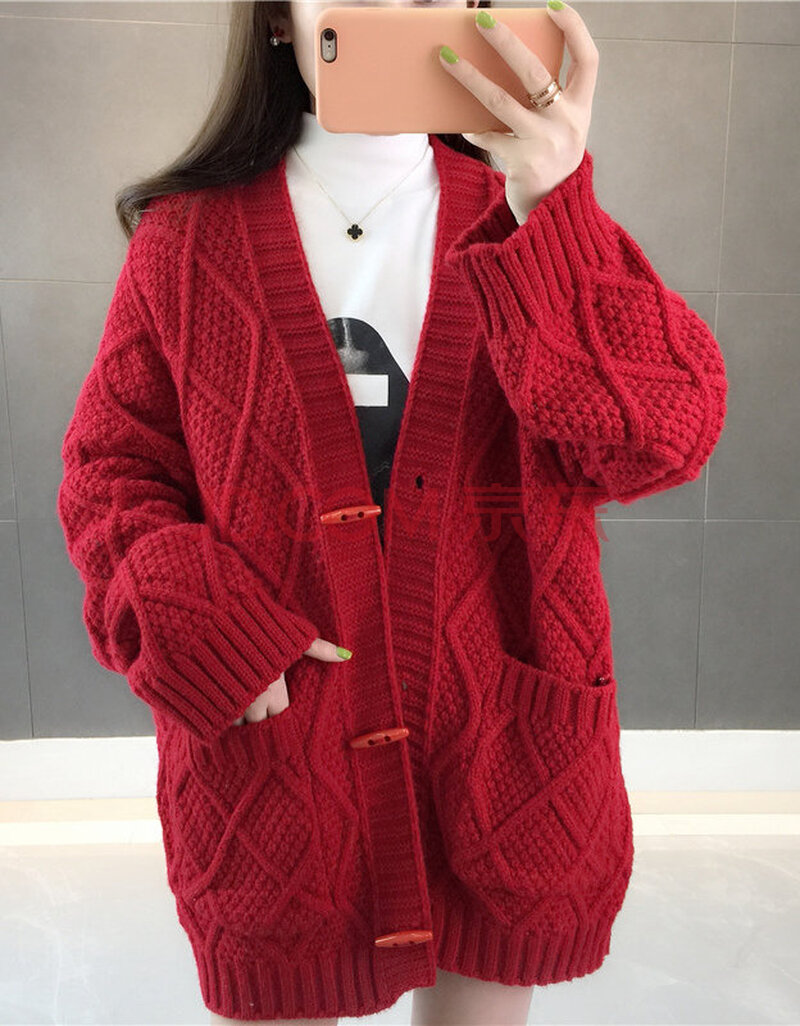 春秋季新款女装百搭宽松纯色针织衫女开衫慵懒纽扣毛衣外套潮 红色