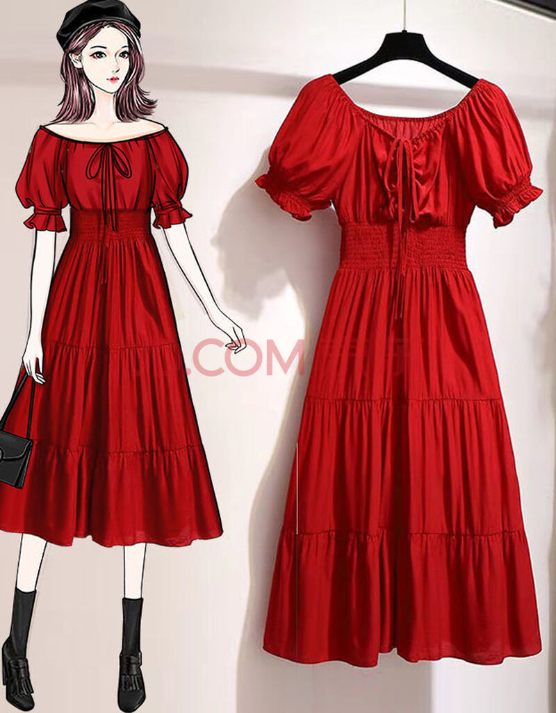 红色连衣裙雪纺一字肩泡泡袖桔梗法式小众气质长裙女夏2021 红色 xl