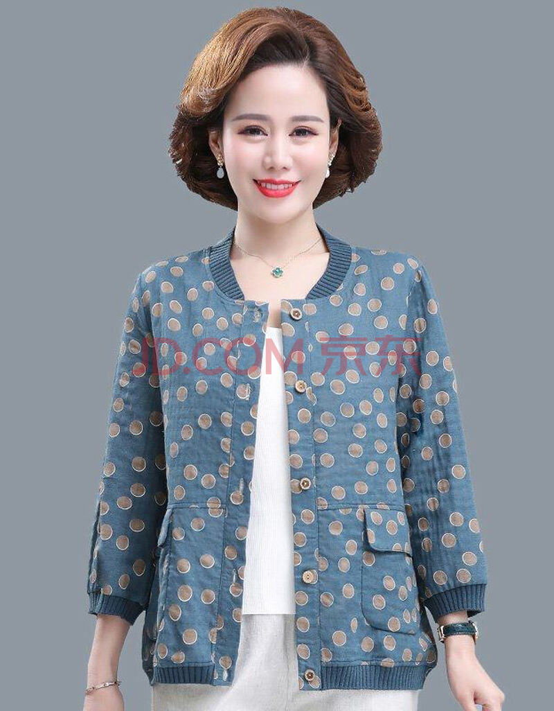 德莉娅中老年棒球服女妈妈春装夹克外套2021新款短款立领棉麻洋气上