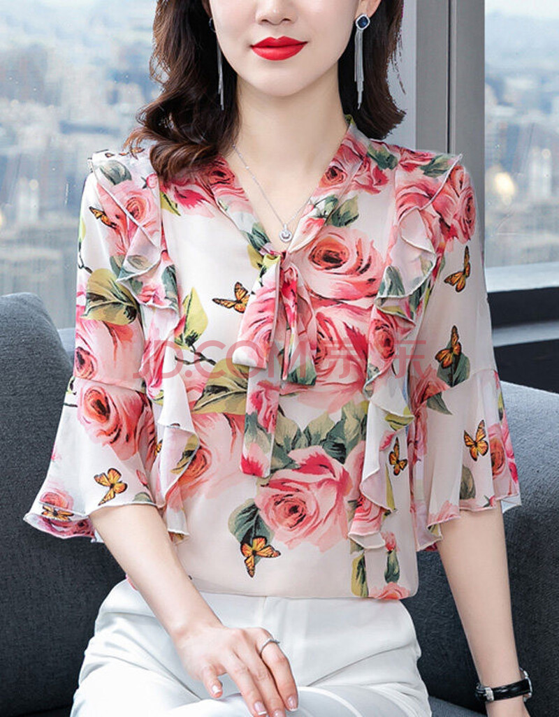 雪纺衫女秋季衬衣喇叭袖春碎花上衣系带士衬衫洋气夏季v领 粉玫瑰