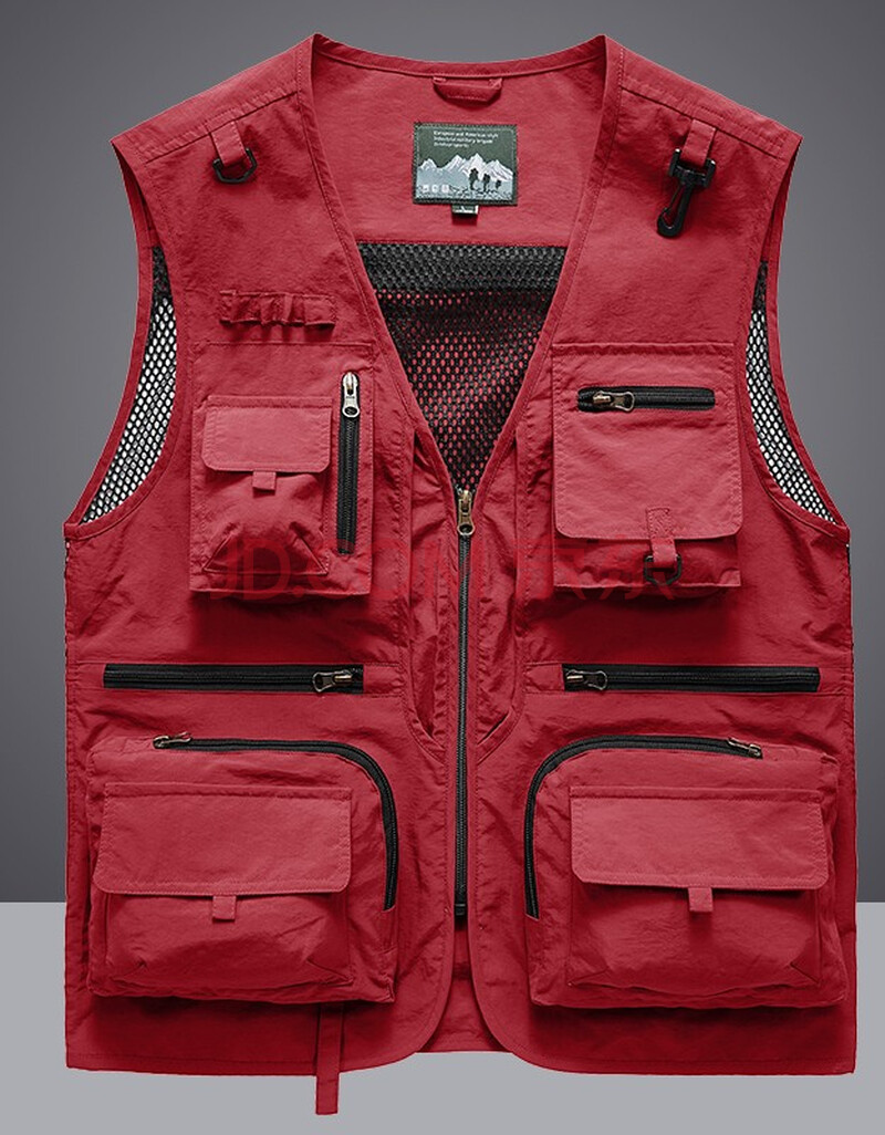 吉普盾男士马甲多袋背心记者摄影钓鱼坎肩薄款外套8188 红色 5xl