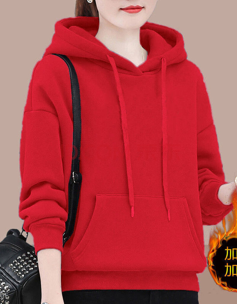 卫衣女士2021年秋冬季新款连帽宽松韩版减龄洋气上衣服女 没图案 红色