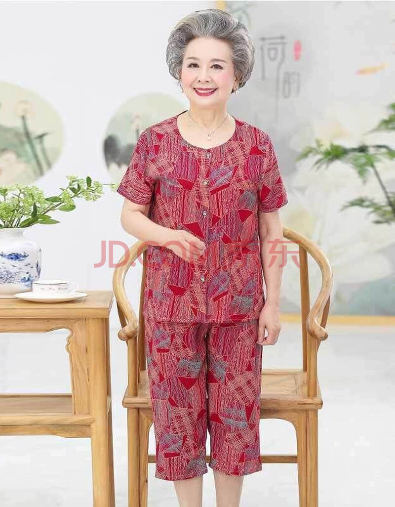 中老年女装套装妈妈夏装洋气胖妈妈中年女装夏装奶奶夏季人造棉绸开衫