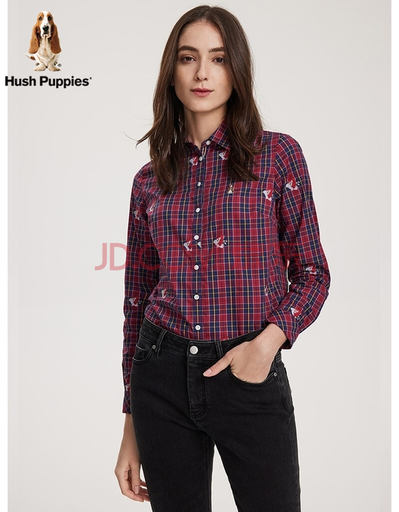 hush puppies暇步士女装2021秋新格子休闲纯棉长袖衬衫ha-21761d 362