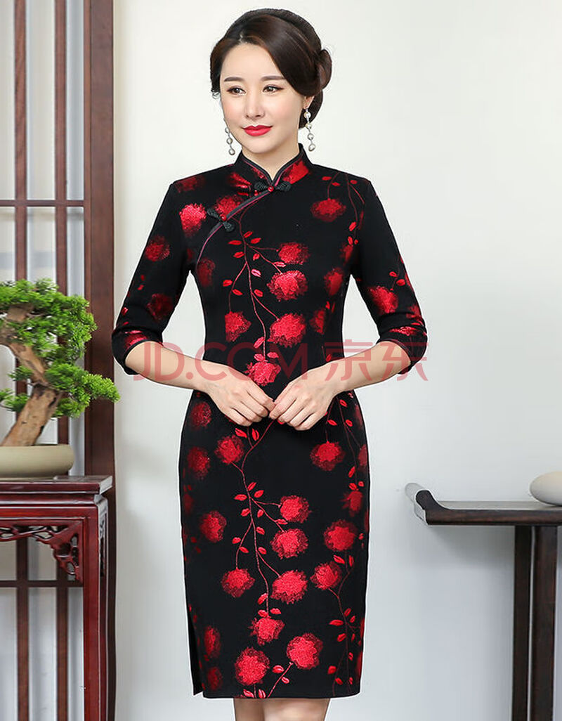 中老年女士妈妈长袖旗袍洋气有气质阔太太祺袍连衣裙中长款复古修身大