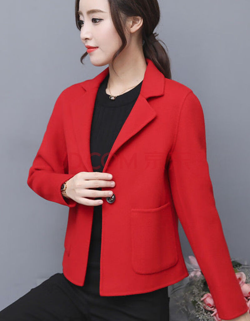 女装毛呢外套短款韩版修身加厚小西装外搭开衫上衣 红色【双口袋款】
