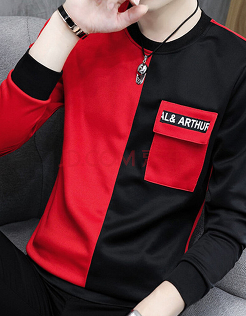 修身上衣服拼接冬季保暖衣服男装韩版潮流卫衣加厚 黑红配(春秋薄款)