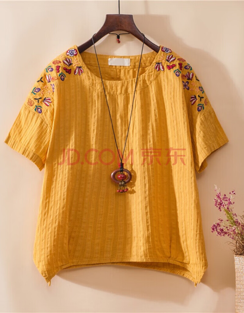 棉麻t恤亚麻女上衣夏天衣服宽松休闲女装薄款绵麻短袖衬衫gg 黄色 m