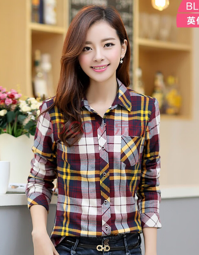 衬衫时尚休闲全棉法兰绒磨毛格子衬衣女 bl8817 37【图片 价格 品牌