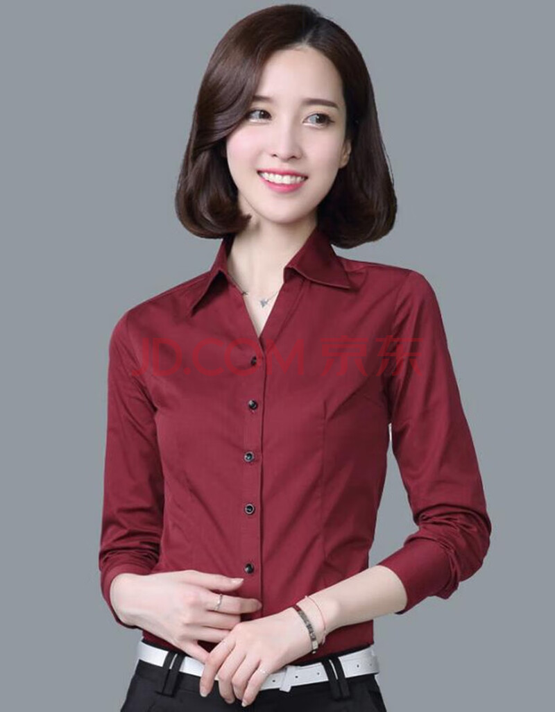 寸衫女大码ol通勤修身显瘦衬衣女士白领面试工作服 酒红色衬衫 黑裤子