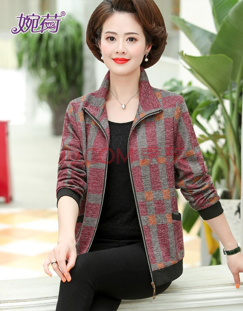 春秋夹克衫中年妇女40岁50翻领开衫上衣中老年秋装短款格子外套宽松大