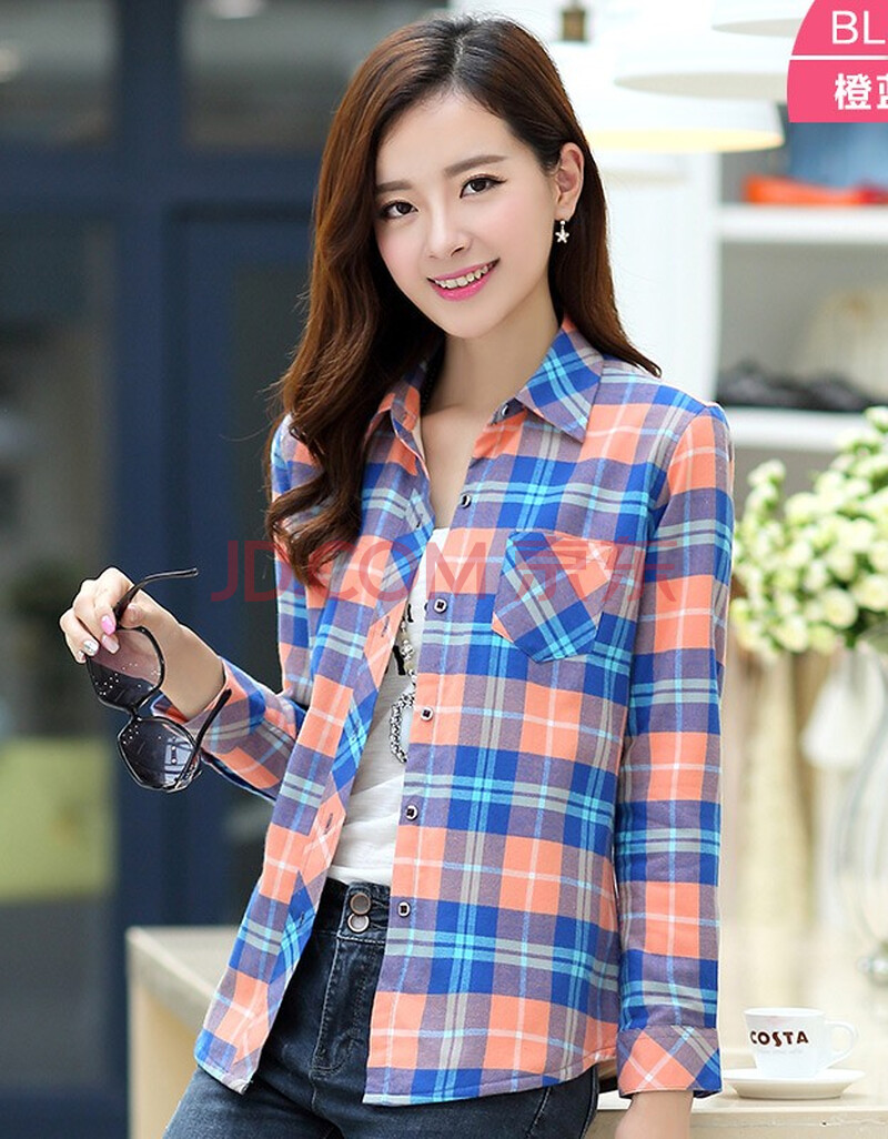 柏莉鸟春季新品女士纯棉格子长袖衬衫时尚休闲全棉法兰绒磨毛格子衬衣