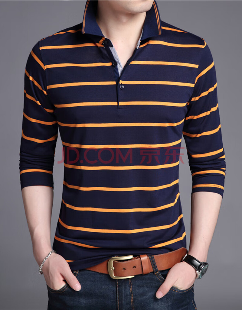长袖t恤男翻领中青年条纹商务polo衫领打底秋衣体恤上衣服加肥加大码
