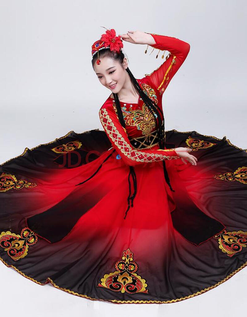 新疆舞蹈演出服女成人新款维吾儿族民族服装现开场舞大摆裙 黑桃款