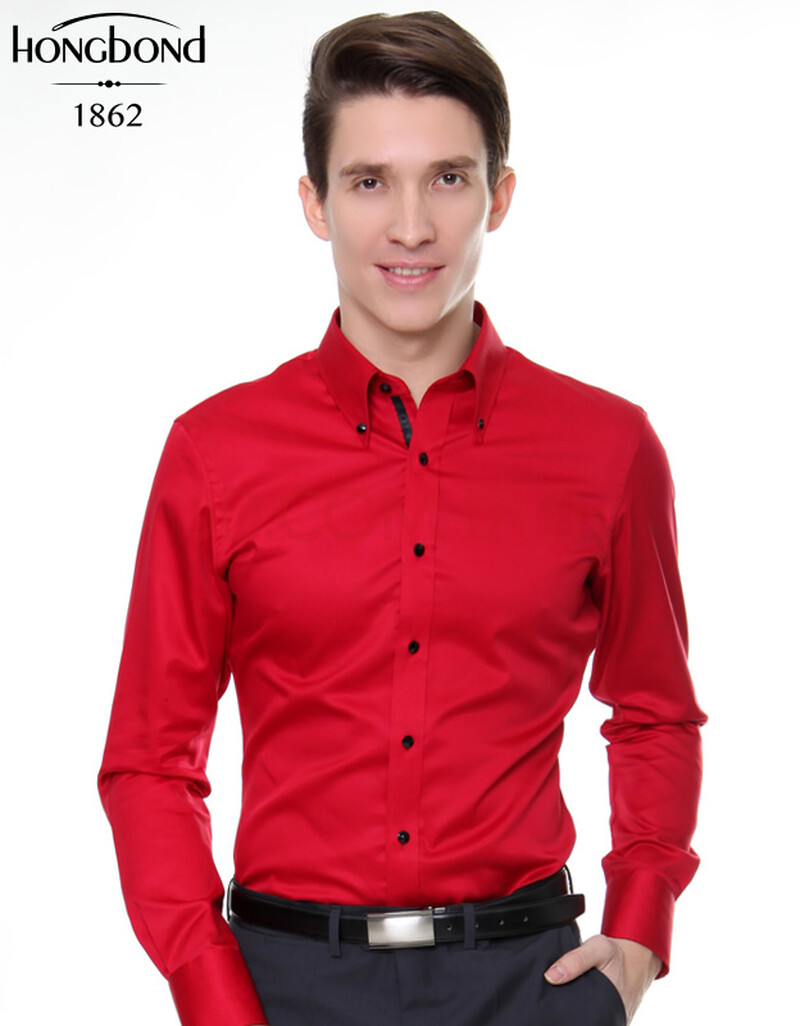红色轻奢贡缎纯棉男长袖衬衫红色商务休闲修身宴会新郎高档衬衣 红色