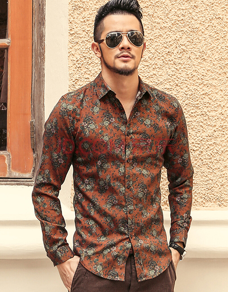 型男会社2020春装季新款时尚花朵印花修身花衬衣长袖衬衫男s2004 橘色