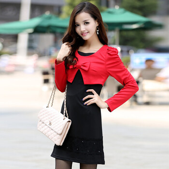 蔓娜淘 2013春装新款蝴蝶结淑女假两件套长袖连衣裙 f830 红上衣黑裙