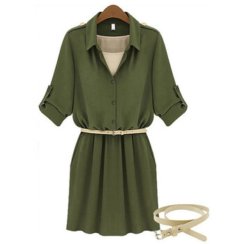 尚尔一2013春装新款纯色长袖腰带裙翻领连衣裙lj1558 军绿色 m