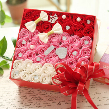 创意七夕节礼品香皂玫瑰花礼盒 卡通花束 方盒 红粉白方盒 中号-36朵