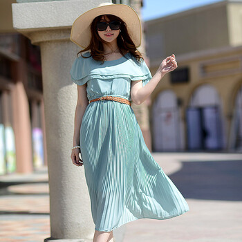 蒂丝2013春夏新款韩版女式雪纺短袖百褶连衣裙 夏季长裙q119 q119青色