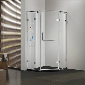 迪玛沐浴房 3c全钢化玻璃淋浴房 钻石形平开门内有置物架 黑白色石基