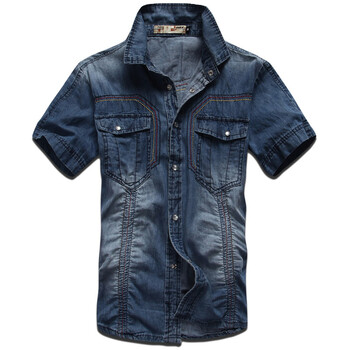 魔力红 2013春夏季男款短袖衬衣 英伦男装短袖衬衫 时尚牛仔衣 浅兰色