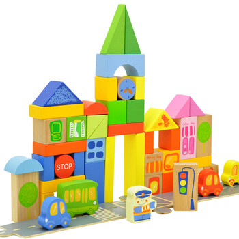 智立方木质玩具55粒城市建筑交通木制积木 7119