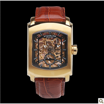 瑞士正品stuhrling施图霖男士手表经典方形镂空机械表皮带表317 金色