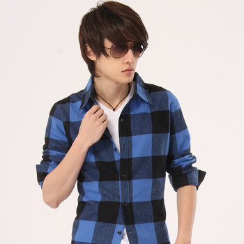 originalboyman2013秋季新款男士修身纯棉长袖格子衬衫c080 咖啡格