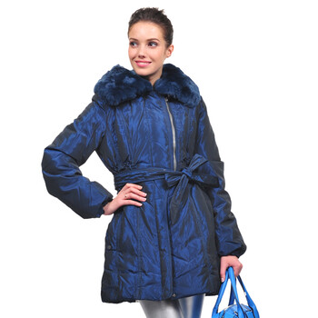 米兰朵merunto时尚中长款腰带修身女款獭兔毛领羽绒服 深蓝色c48 m