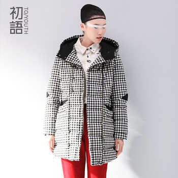 初语 冬季新款女装黑白格纹手肘拼布羽绒服343108073 黑色 m