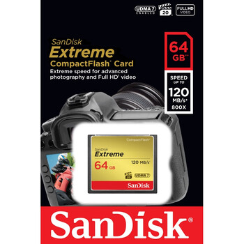 
                                                                                闪迪（SanDisk）64GB CF（CompactFlash）存储卡 中高端单反相机内存卡 UDMA7 至尊极速版 读速120MB/s                