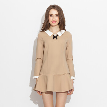 函素韩版长袖翻领百褶修身连衣裙 杏色 s