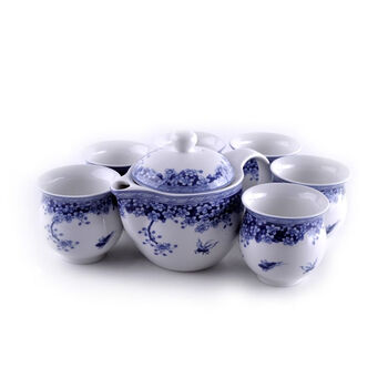山林居 陶瓷茶具 青花瓷套组 7头空心杯 蝶恋花 一套