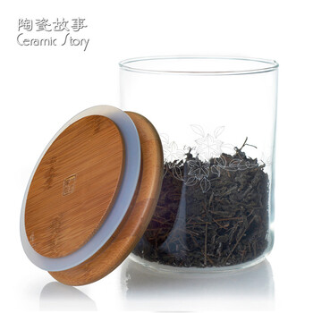 一屋窑 玻璃茶叶罐竹制盖子带硅胶储物罐密封罐零食家用多用罐 中号
