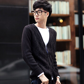 时尚起义 韩国简单菱形格子针织开衫 男610422 黑色 one
