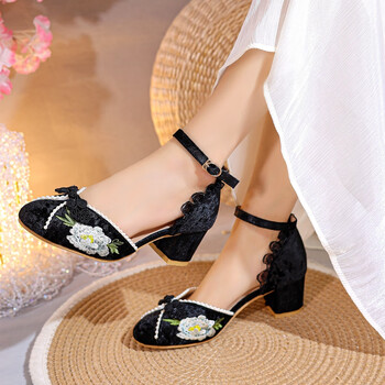 红蜻蜓民国风复古新中式旗袍鞋子女夏黑色凉鞋汉服女鞋绣花高跟鞋 红