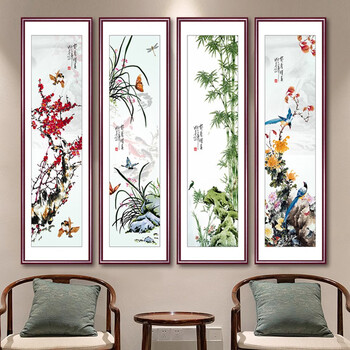 亮丽馨梅兰竹菊挂画花鸟四条屏国画新中式中堂客厅玄关沙发背景墙装饰